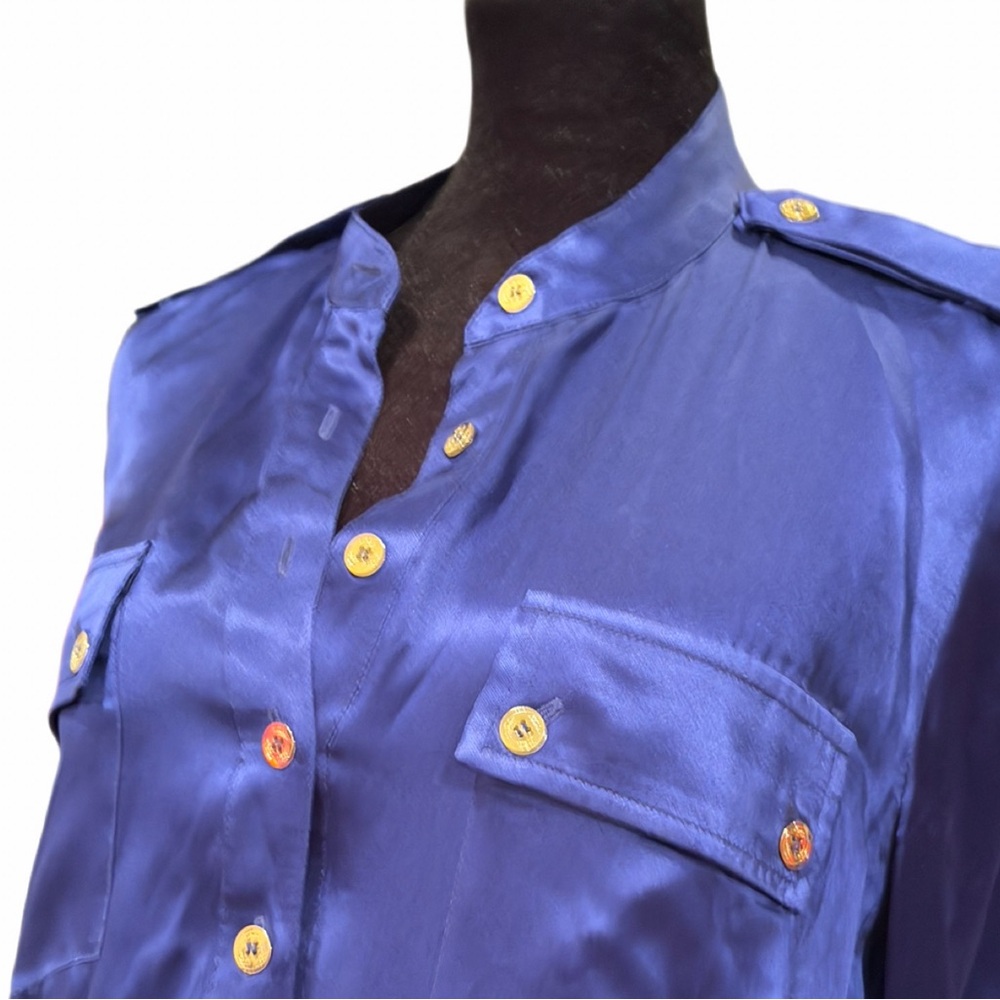 Beautiful Real Silk TRINA TURK royal blue and gold stunning button down top, Sm - Picture 4 of 9